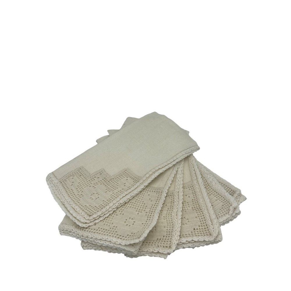 Vintage Linen Crocheted Edge Napkins Set of 6 Floral Corner Cream Colored